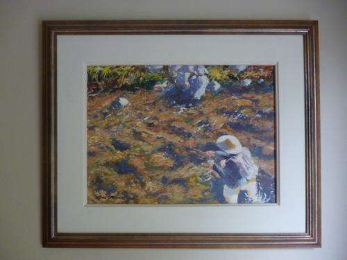 Peter Jander (1954-). Trout Fisherman, Rushing River. Original Oil.   Excellent Condition.